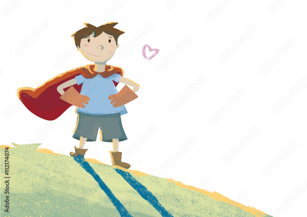 Child dreams of being a superhero. Playing outdoors. Happy boy in summer Child dreams of being a superhero. Playing outdoors. Happy boy in summer
