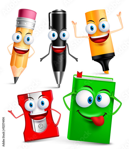 Vector character of school items funny mascot 3D set with gestures and facial expressions isolated in white background. Vector illustration
