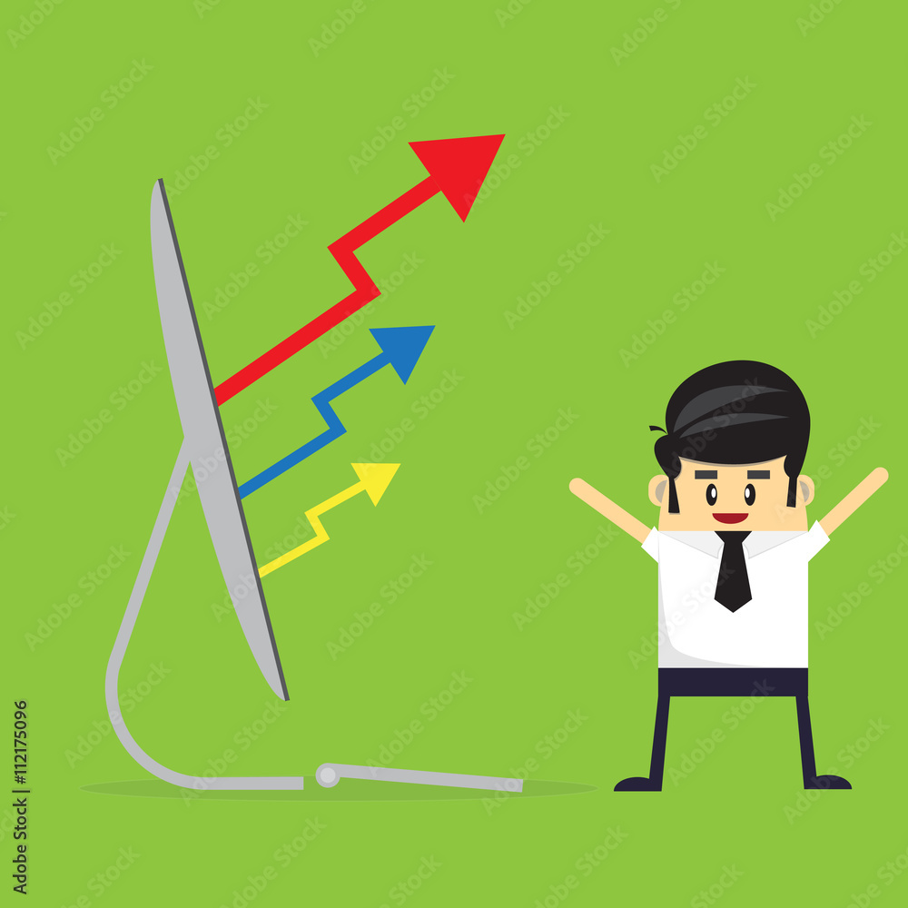 Business graph on laptop, with idea concept wall Business graph on laptop, with idea concept wall