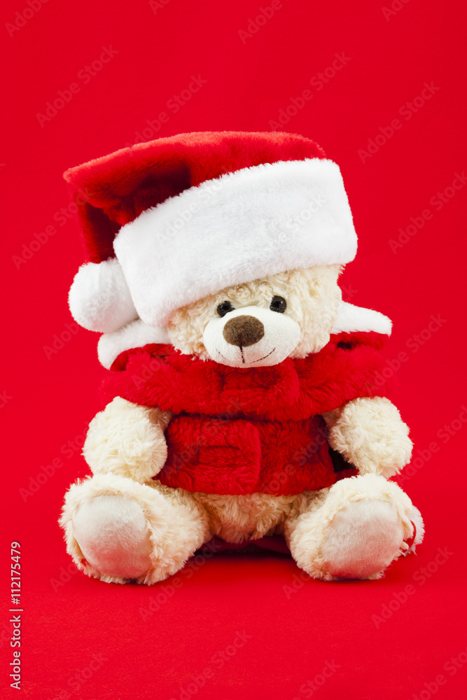 cute teddy bear on santa clothes.