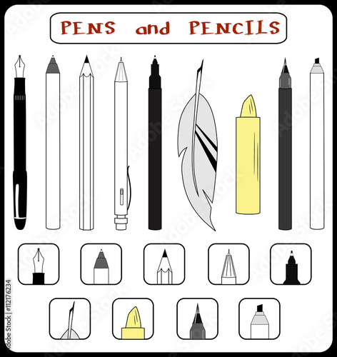 Vector. Set of 9 artist pens and pencils. Pencil, point pen, fountain pen, ballpoint pen, brush pen, calligraphy pen, rollerball pen, marker, crayon. Isolated illustration
