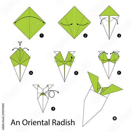Step by step instructions how to make an origami An Oriental Radish.