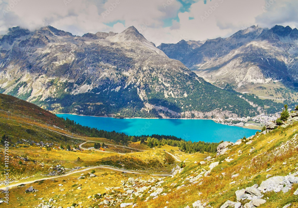 Naklejka premium Alp Surlej, mountain and beautiful lake at St.Moritz, Switzerland