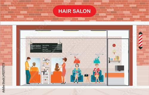 Hair salon building and interior with customer.