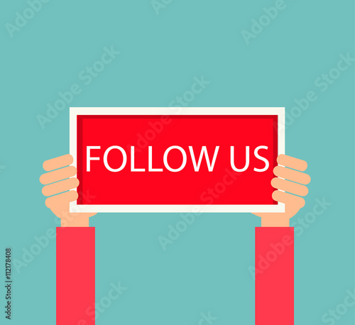 Human hands holding plate with Follow us sign