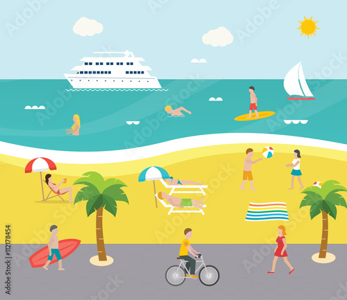 Outdoor scene on beach with people swimming