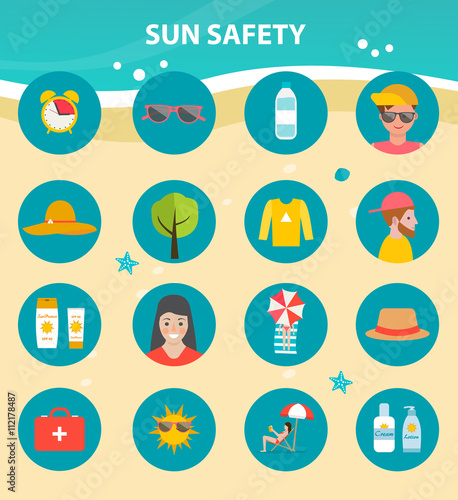 Summertime sun safety and skin protection icons