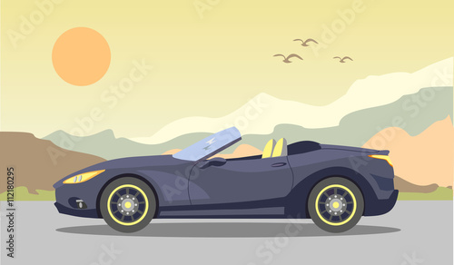 Cabriolet in the background of mountains and the evening sunset. Vector illustration