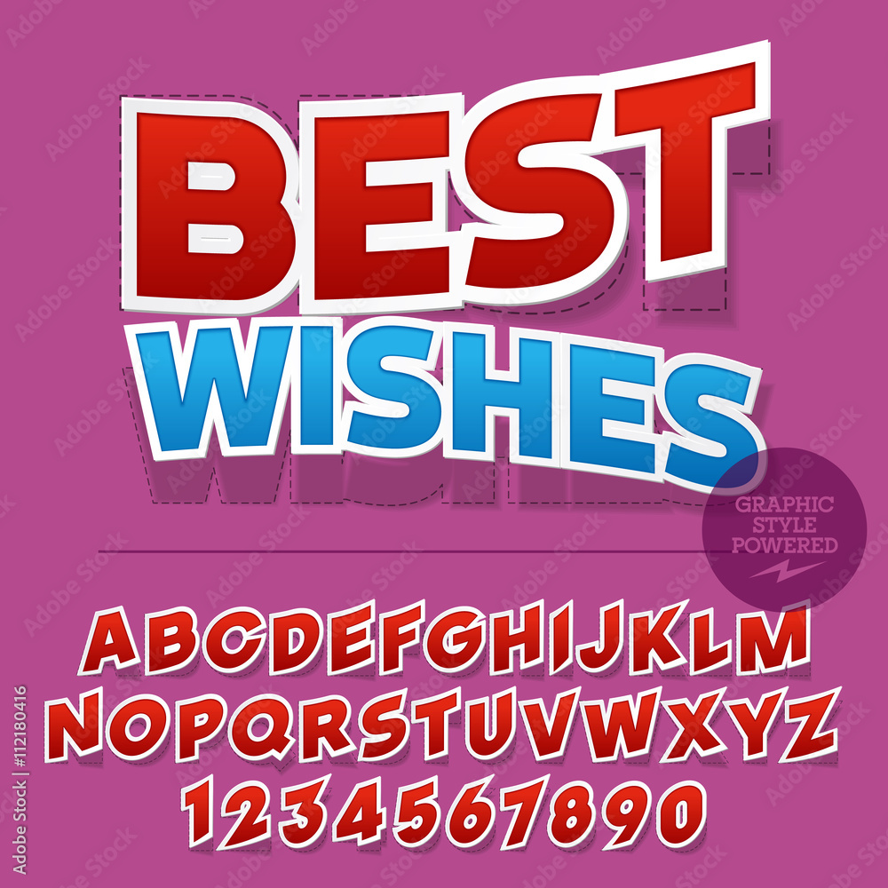 Nice sticker styled set of alphabet letters, numbers and punctuation symbols. Vector greeting card with text Best wishes Nice sticker styled set of alphabet letters, numbers and punctuation symbols. Vector greeting card with text Best wishes