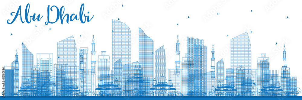 Fototapeta premium Outline Abu Dhabi City Skyline with Blue Buildings.