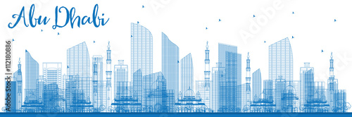 Outline Abu Dhabi City Skyline with Blue Buildings.