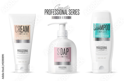 Cosmetic brand template. Vector packaging. Body care product. Oil, lotion or soap, shampoo, cream. Realistic bottle mock up set. Isolated pack on white background.