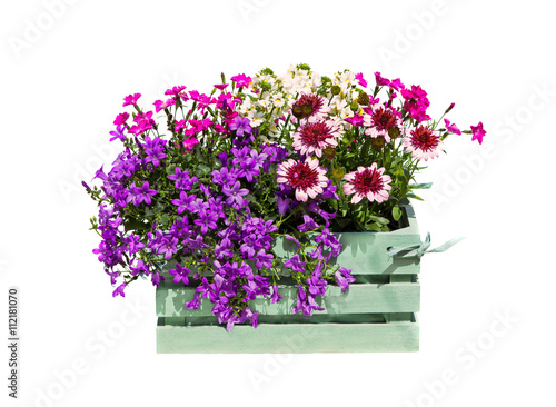 A wooden box with garden flowers.