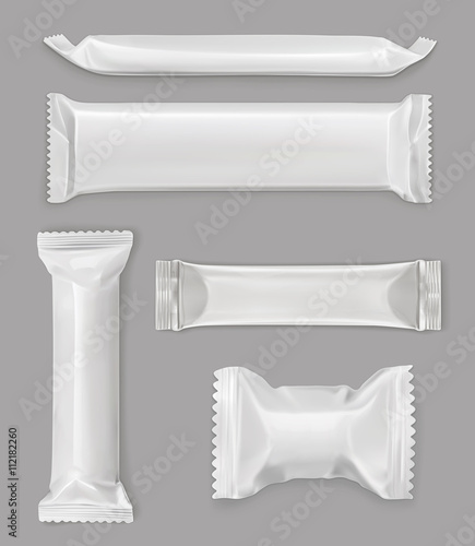 White polyethylene package, chocolate bar, vector mockup set