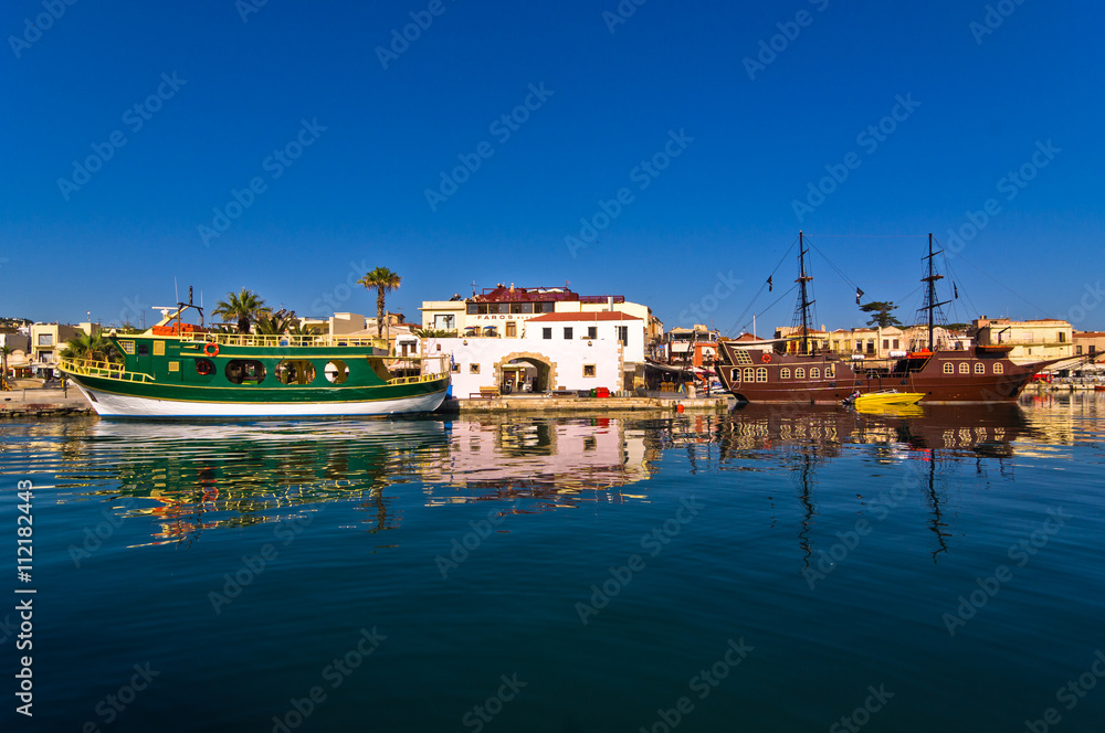 Cityscape of the old venetian harbor at morning, city of Rethymno, Crete, Greece