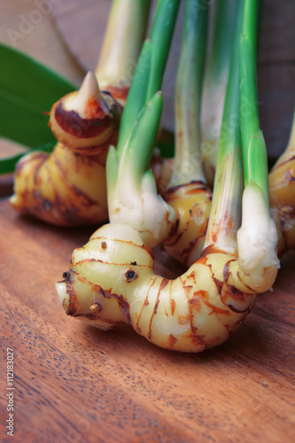 young galangal root and fresh galangal leaf on wooden background. thai herb. photo