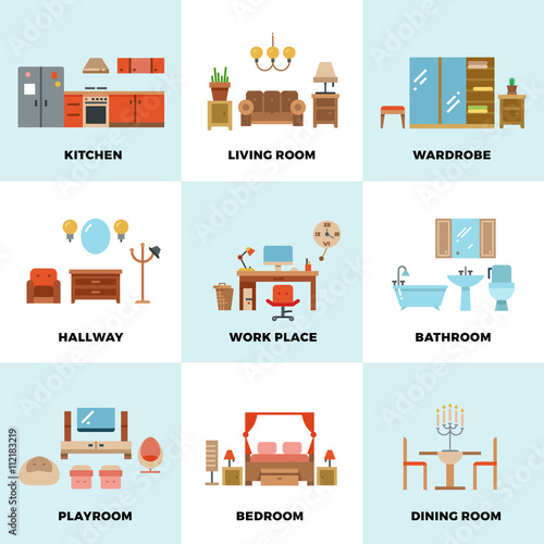 Living room, bedroom, kitchen, kids, bathroom, dining, work space, hallway flat vector icons. Interior design room types. Furniture for wardrobe or dining room. House room set icon illustration