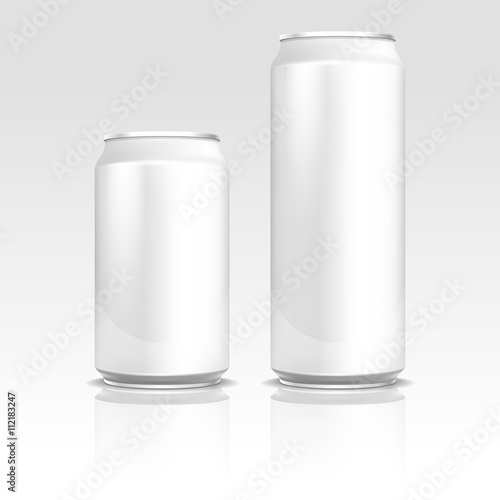 Aluminum energy drink soda beer cans 500 and 330 ml vector realistic template. Metal blank container for drink, refreshment beverage container design illustration