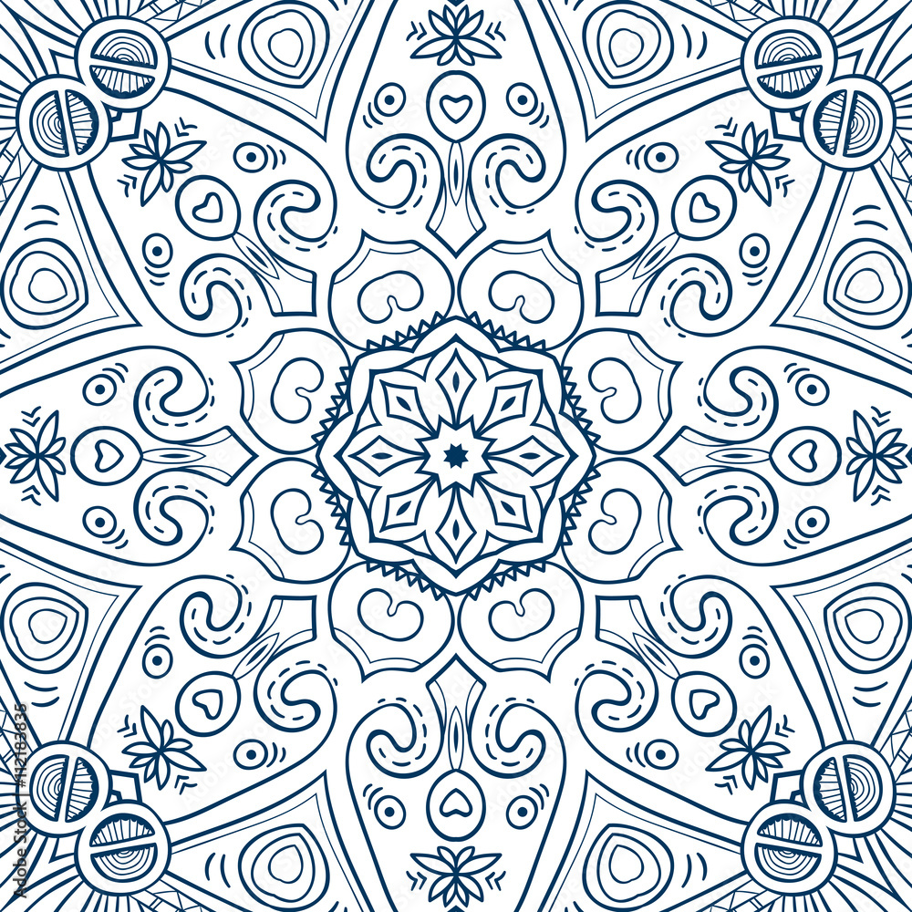 Hand-drawn mandala for coloring, square background, lace ornament pattern, monochrome contour mandala, EPS 8