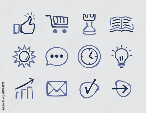 Collection of hand drawn business icons. Thumb up. Strategy. Graph. Doodle. Simple cartoon vector illustration.