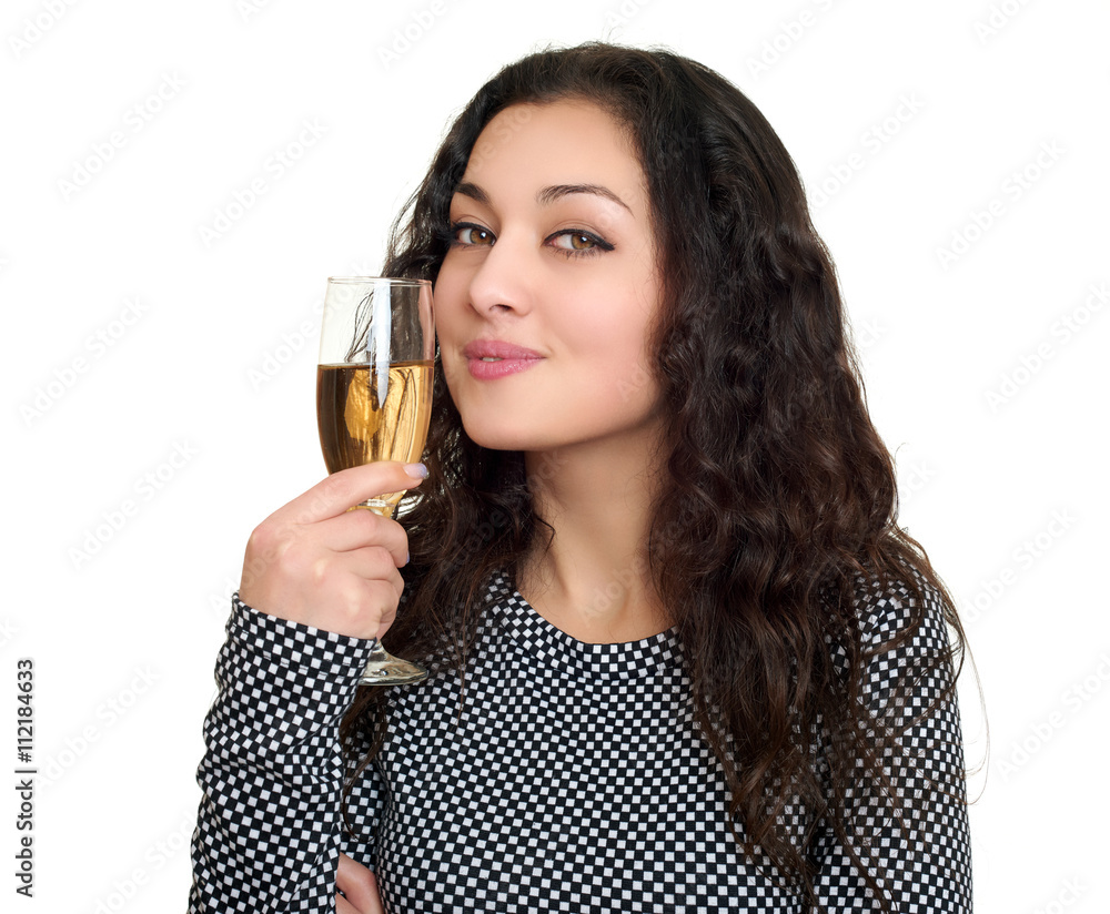 girl with champagne glass beauty portrait, black and white checkered dress, long curly hair, glamour concept, isolated on white background girl with champagne glass beauty portrait, black and white checkered dress, long curly hair, glamour concept, isolated on white background
