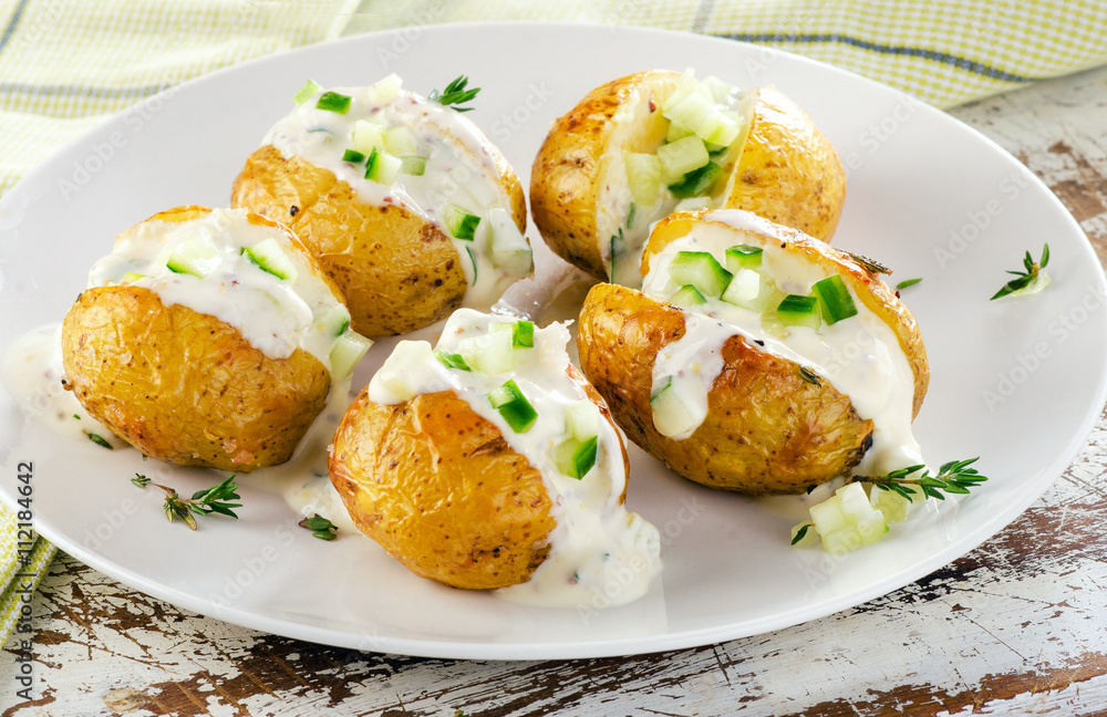 Baked potatoes on plate.