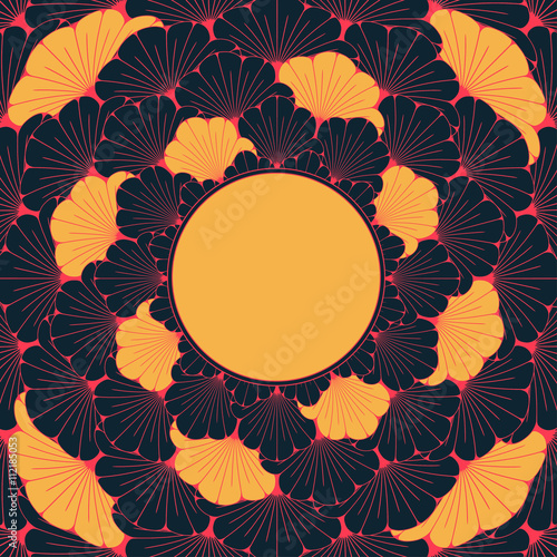a Japanese style vintage card with exotic foliage pattern in black, red and yellow
