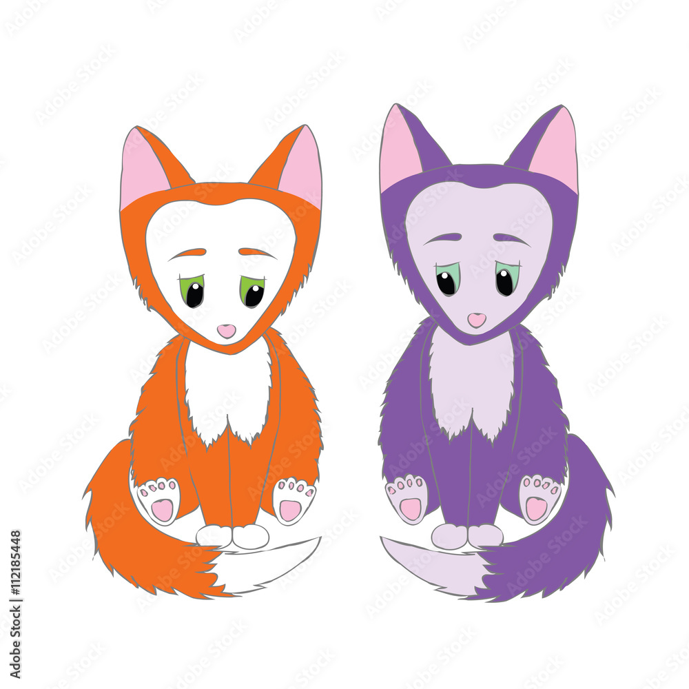 Two Little cute animal foxes. Cartoon, shy, sad animal fox. Animal fox with big ears. 