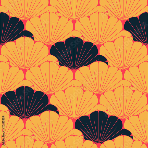 a Japanese style seamless tile with exotic foliage pattern in yellow, red, and black