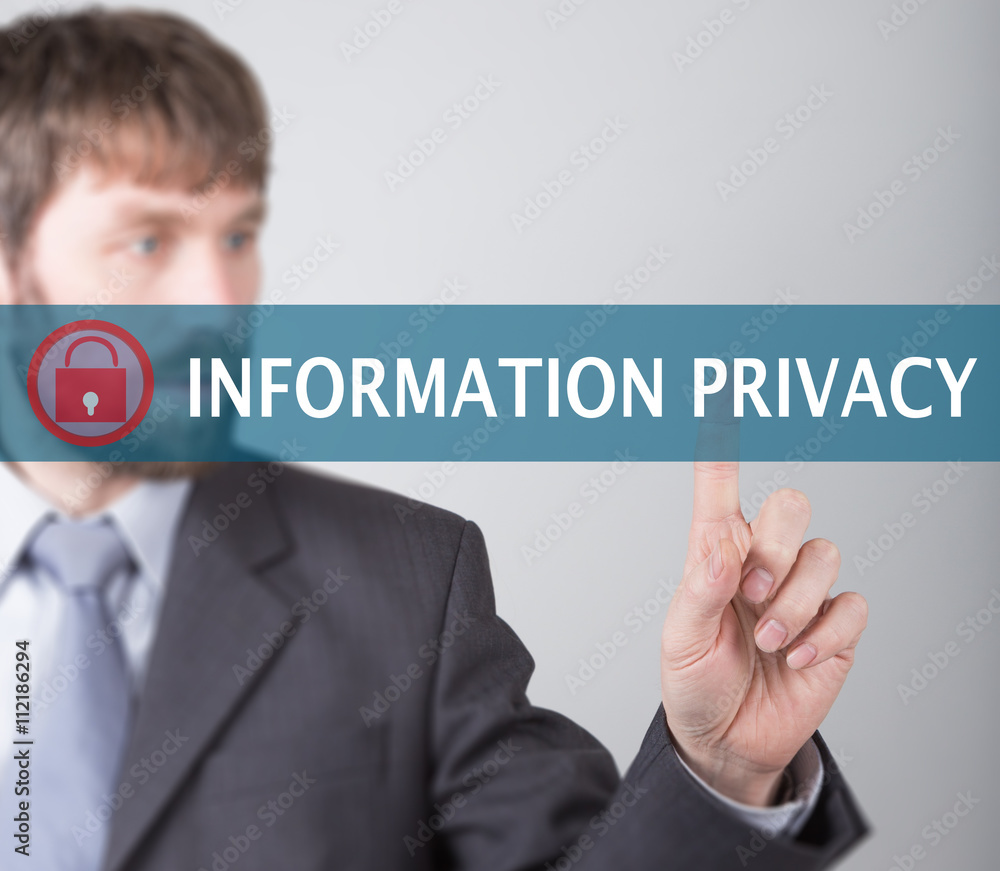 technology, internet and networking concept - Businessman presses information privacy button on virtual screens. Internet technologies in business technology, internet and networking concept - Businessman presses information privacy button on virtual screens. Internet technologies in business