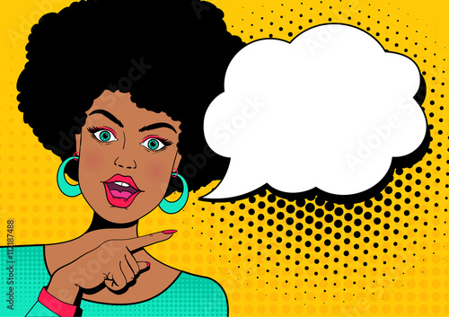 Wow face. Young sexy surprised afro american woman with open mouth and hand pointing on speech bubble. Vector colorful background in pop art retro comic style.