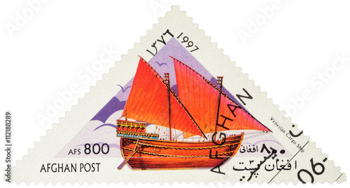 Ancient Venetian cargo ship on postage stamp