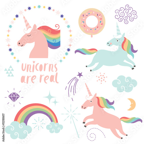 set of magic unicorns, rainbow, clouds, magic graphic elements 