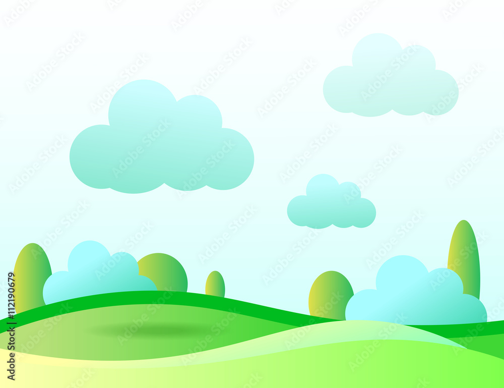 Green Sunny Lanscape Illustration. Summertime Day