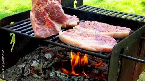 meat roasting on an open fire pork steak on an open fire 4k
 photo