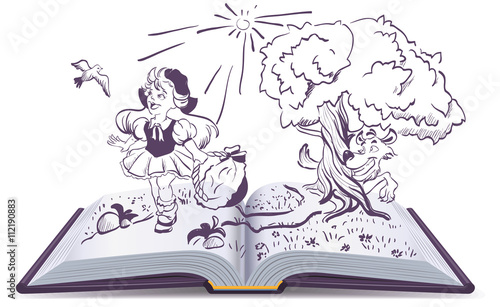 Tale of Little Red Riding Hood and gray wolf. Open book fantasy