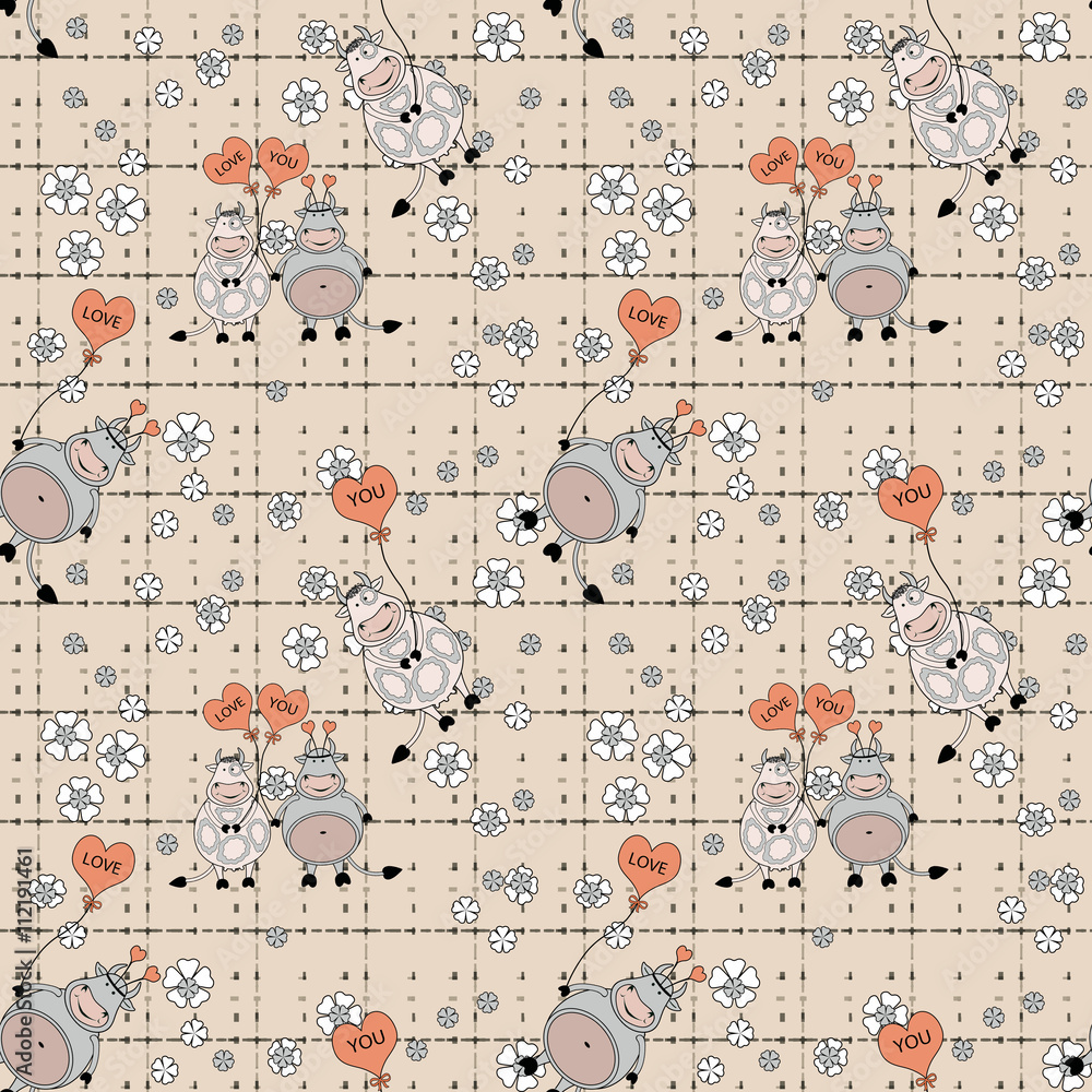 Floral seamless pattern in retro style, cute cartoon cows beige background.