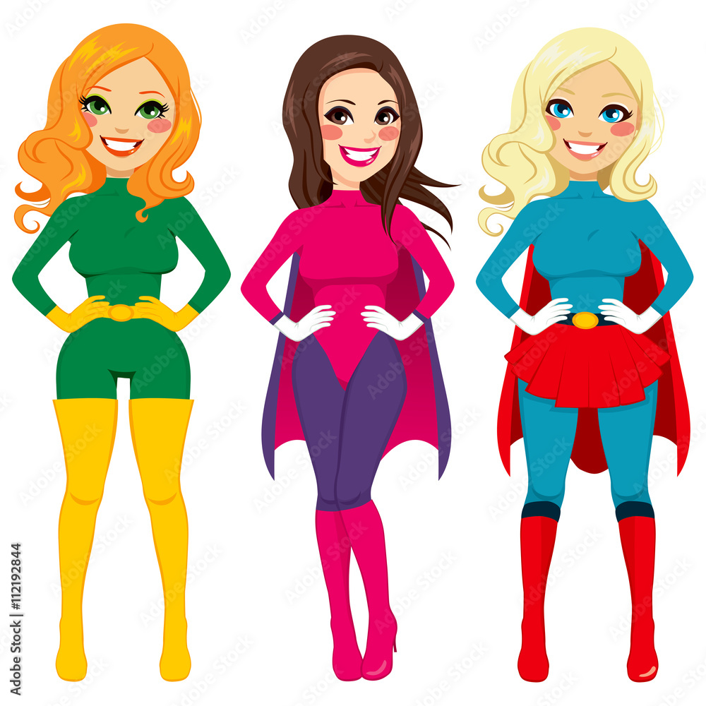 Three different women standing with hands on hips in superhero costume ready for Halloween party