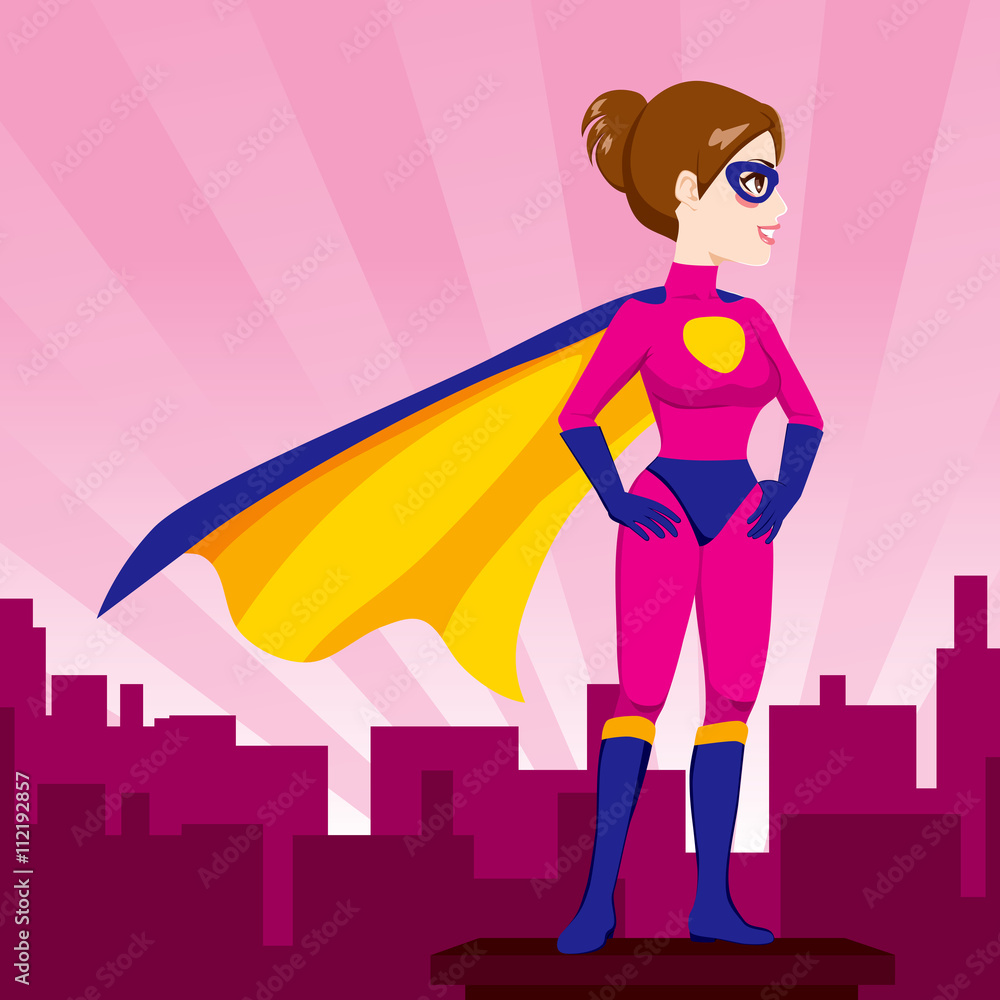 Illustration of sexy beautiful woman hands on hips pose with superhero costume watching over city skyline Illustration of sexy beautiful woman hands on hips pose with superhero costume watching over city skyline