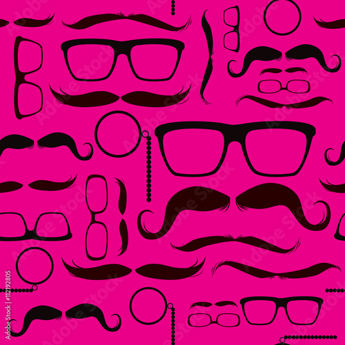Different hipster glasses mustaches and coffee elements on pattern background with pink color