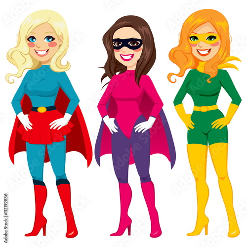 Three different women posing in superhero outfit ready for Halloween party