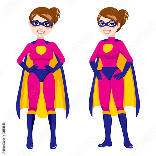 Illustration of beautiful sexy woman in front and side pose with pink superhero costume