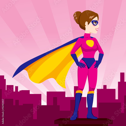 Illustration of sexy beautiful woman hands on hips pose with superhero costume watching over city skyline