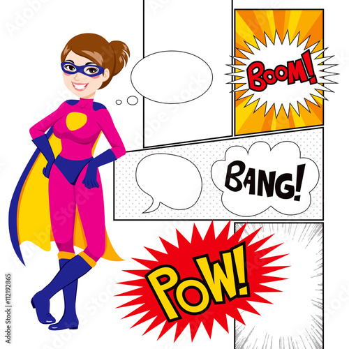 Beautiful super hero woman with comics panels and speech balloons