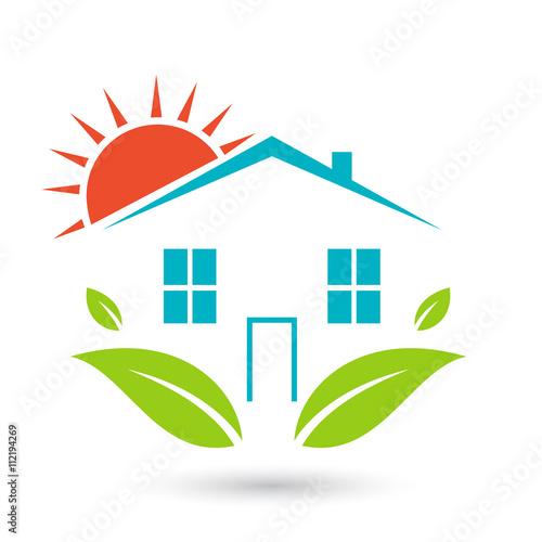 Green house logo. Happy family icon, eco lover.
