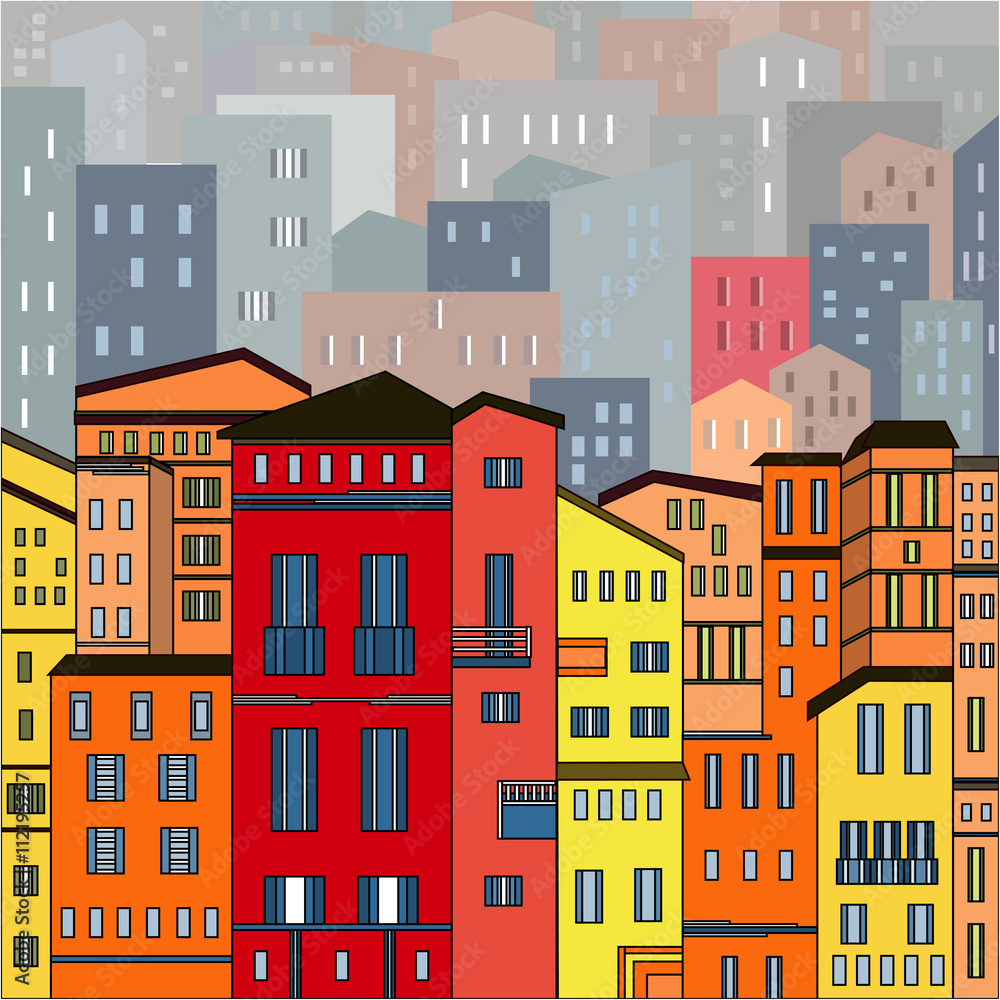 Abstract colored city view in outlines with many houses and buildings as a single piece. Cartoon style. Digital vector image.