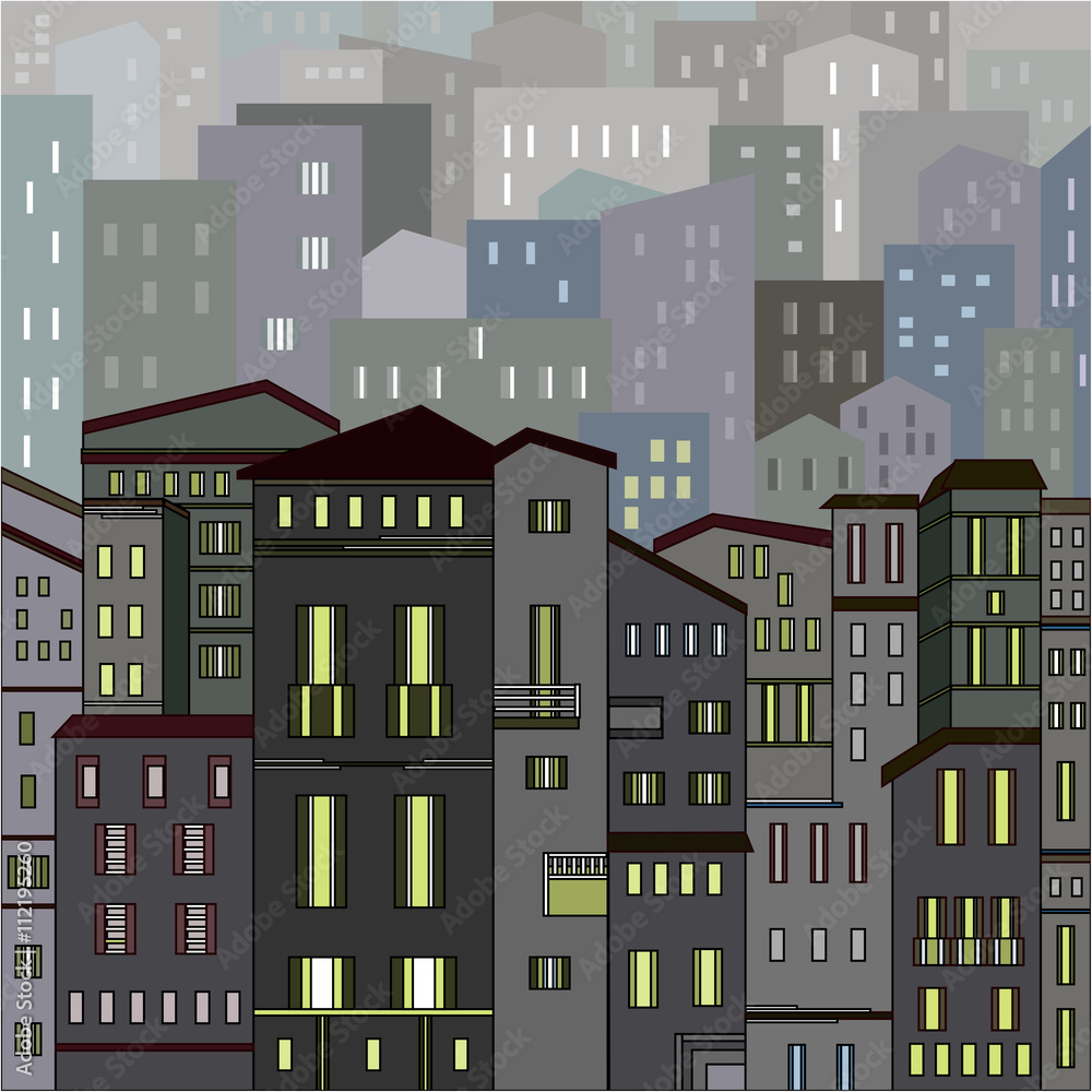 Abstract grey city view in outlines with many houses and buildings as a single piece at night with lights. Cartoon style. Digital vector image.
