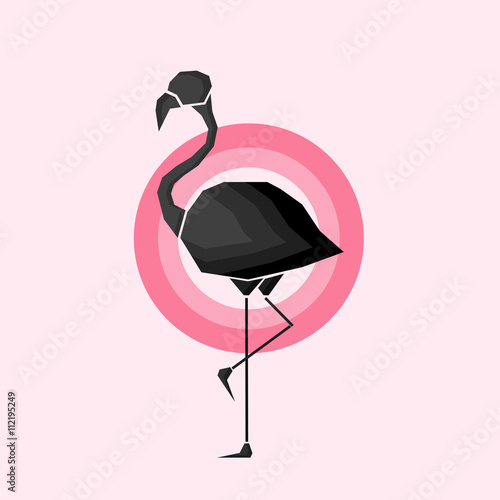 Geometric black flamingo in outlines in pink circles over a light pink background. Digital vector image.
