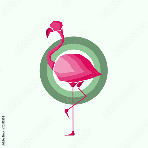 Geometric pink flamingo in outlines in green circles over a light green background. Digital vector image.
