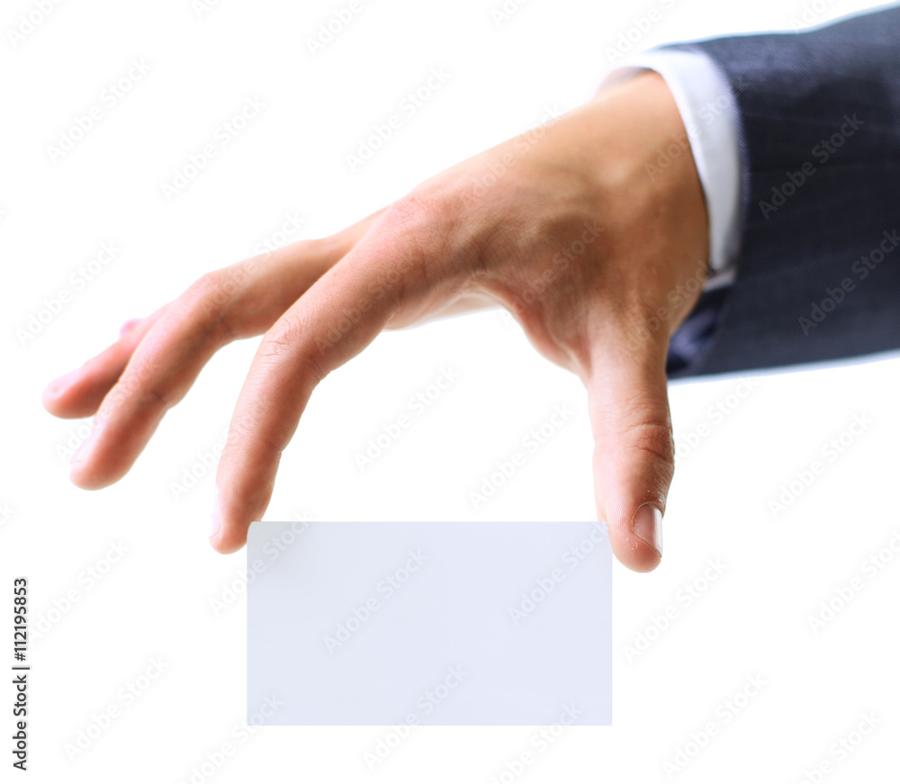 Man's hand showing business card Man's hand showing business card